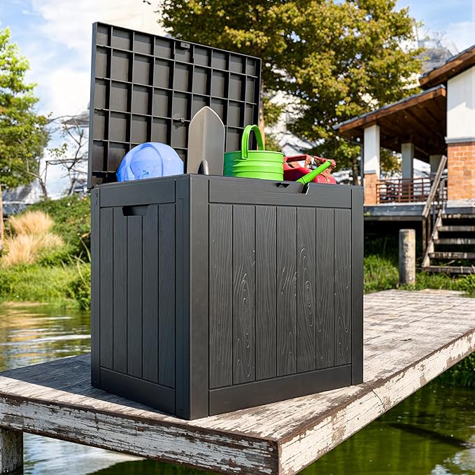 30 Gallon Outdoor Deck Box,Storage Lockable Waterproof Patio Furniture,Garden Tools,Cushions,Pool Accessories Outside Storage Resin Box(Black)