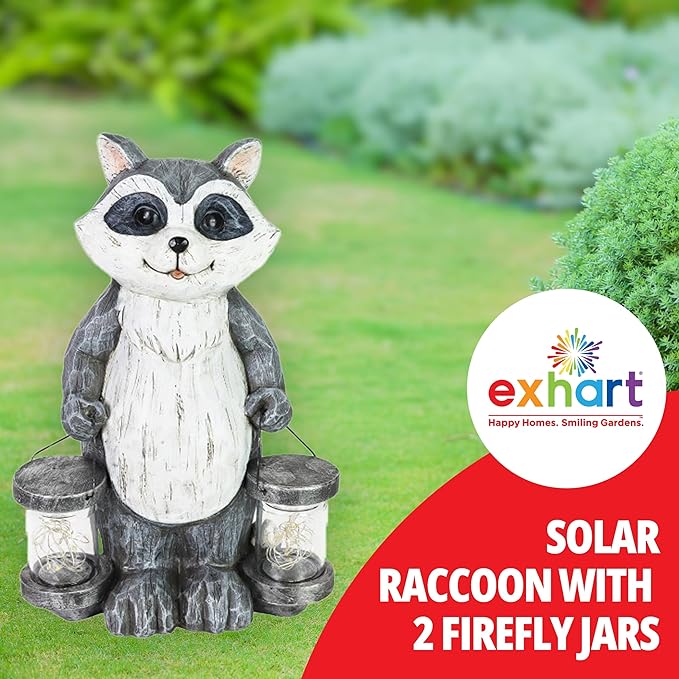 Exhart Garden Sculpture, Raccoon Solar Garden Statue with 2 Jars, 16 LED Firefly Lights, Outdoor Garden Decoration, 7.5 x 9 x 10.5 Inch