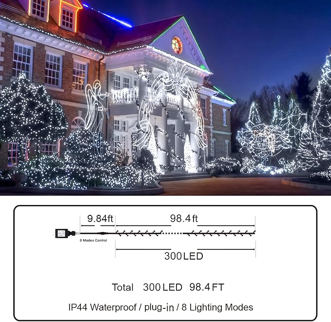KNONEW 99ft 300 LED Christmas Lights Outdoor String Lights 8 Modes & Memory Fairy Light Plug in Waterproof LED String Lights for Xmas Yard Tree Wedding (Cool White)