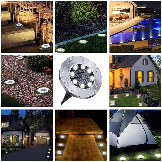 Solar Ground Lights, 4 Pack 8 LED White Solar Pathway Lights, Waterproof, Modern, Outdoor, In-Ground, Garden, Path, Deck, Lawn, Patio, Walkway