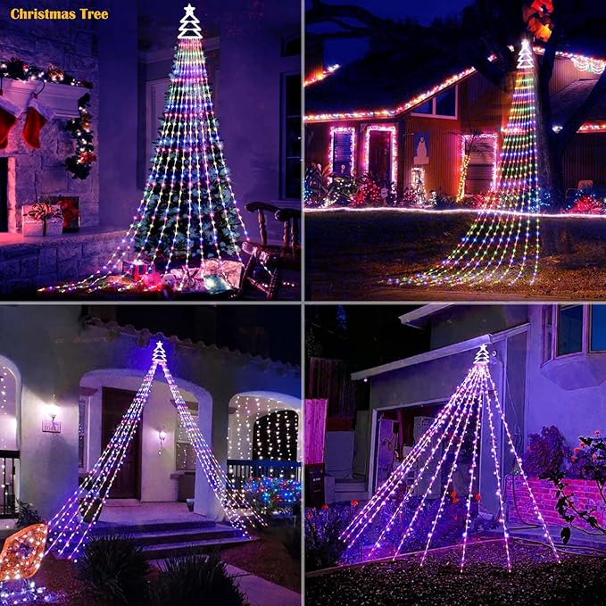 Outdoor Christmas Decorations Star String Lights 420 LED Waterproof Waterfall Lights with Christmas Tree Topper, Gorrzai 8 Lighting Modes Tree for Yard Patio Garden Party (Multi-Colored)