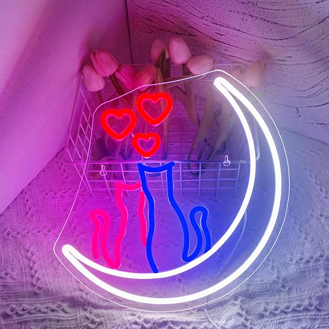 Two Cats on Moon Neon Sign,Cute Couple Kittys Neon Lights for Wall Decor,Kawaii Animal 3D LED Neon,USB Light Up Signs for Girls Bedroom Bar Home Party Valentine's Day Cat Lovers Weddings