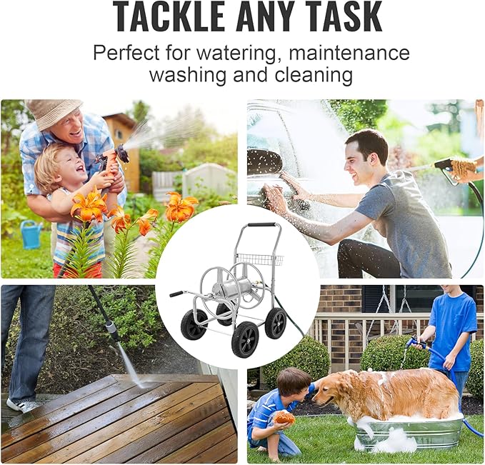 VEVOR Hose Reel Cart, Hold Up to 300 ft of 5/8’’ Hose, Garden Water Hose Carts Mobile Tools with 4 Wheels, Heavy Duty Powder-Coated Steel Outdoor Planting with Storage Basket, for Garden, Yard, Lawn