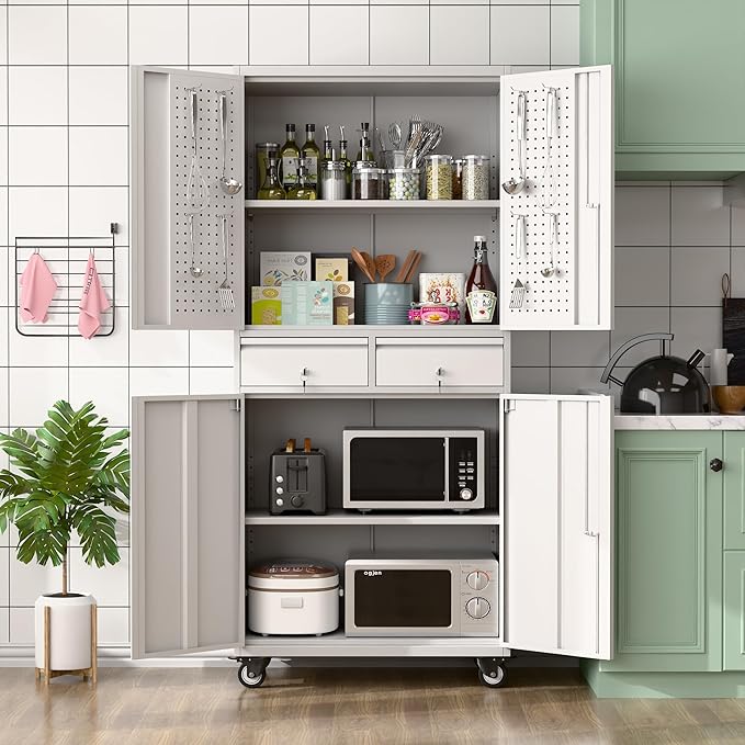 Metal Garage Storage Cabinet with Locking Doors and 2 Adjustable Shelves, Rolling Tool Storage Cabinet with 4 Wheels and 2 Drawer for Garage, Warehouse, White and Gray, Assembly Required