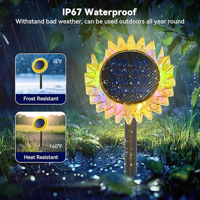 Hogni 6PK Solar Garden Lights, Ground Stake/Hang 2 in 1 Solar Sunflowers Outdoor Waterproof IP67, Outdoor Decor for Pathway Walkway Landscape Backyard Fence Decoration