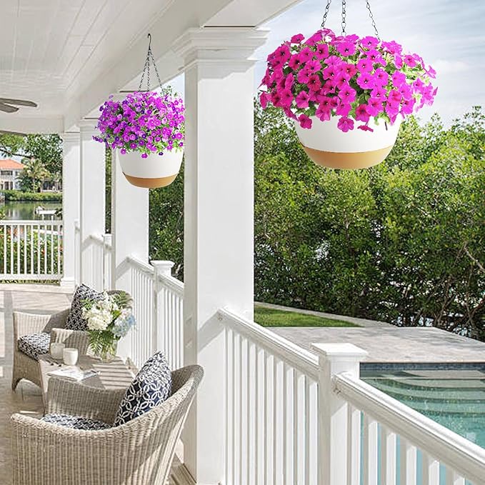 Hanging Planter Self Watering 10 Inch, 2 Pack Indoor Outdoor Hanging Baskets, Hanging Flower Pots with Drainage Hole & 2 Kinds of Plant Hangers for Garden Home Decor(Black Hanger