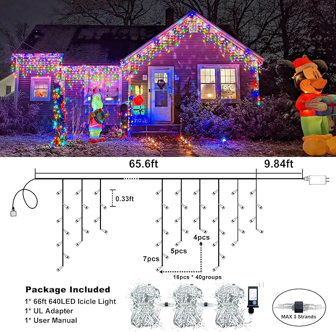 Christmas Icicle Lights Outdoor, 66ft 640 LED Icicle Lights for Outside with 8 Modes Timers, Waterproof Plug in Connectable String Light for Indoor Home Roof Yard Party Decorations, Multicolor