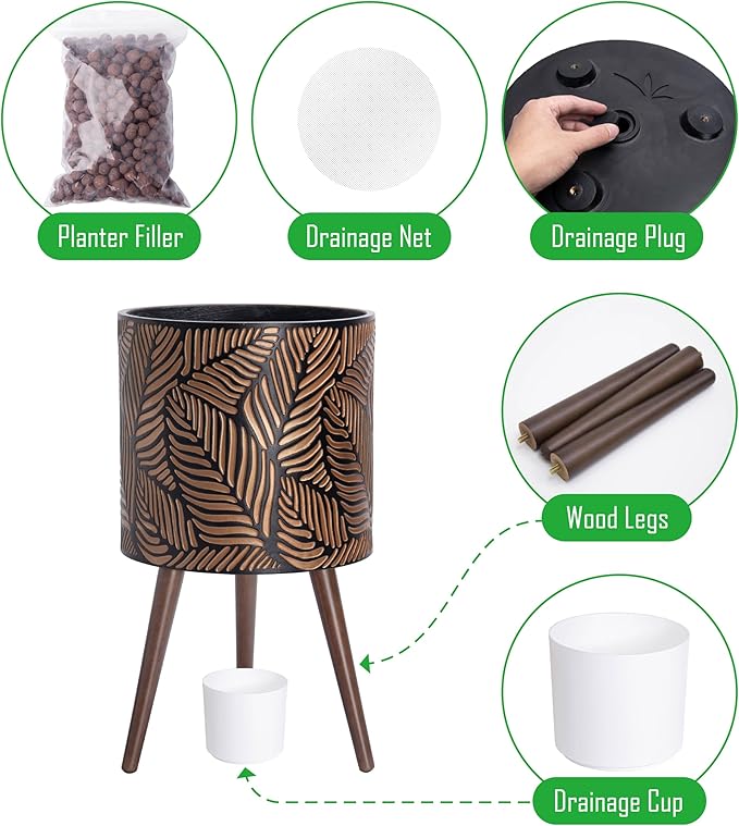 D'vine Dev 14 Inch Planter Pot with Stand, Mid-Century Tall Plant Pot with Legs for Indoor Plants, X-Large, Bronze/Grey, 88-L-D-6