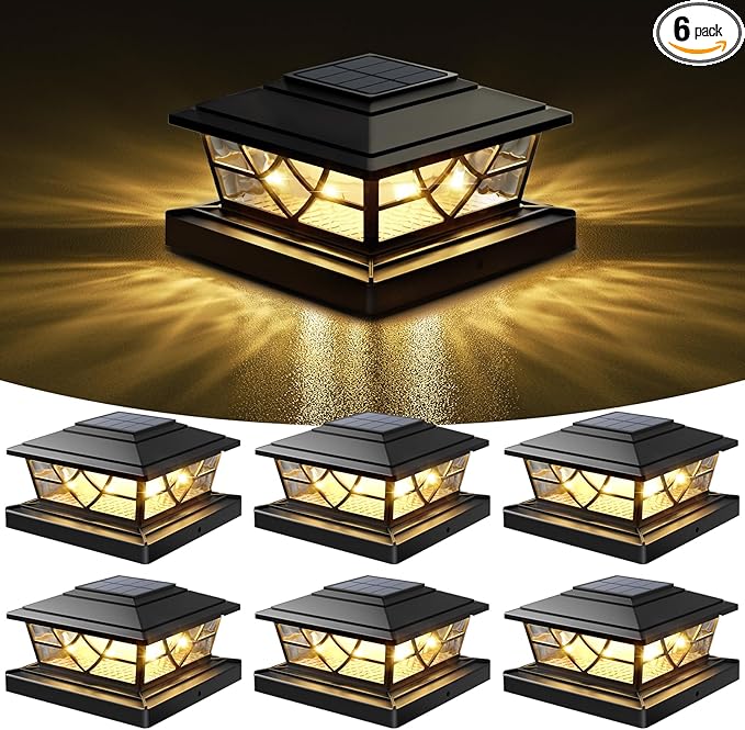 NIORSUN Solar Post Lights Outdoor 6 Pack, 2 Modes LED, Deck Fence Post Solar Lights for 3.5x3.5 4x4 5x5 5.5x5.5 Caps Patio Garden Decoration, Black