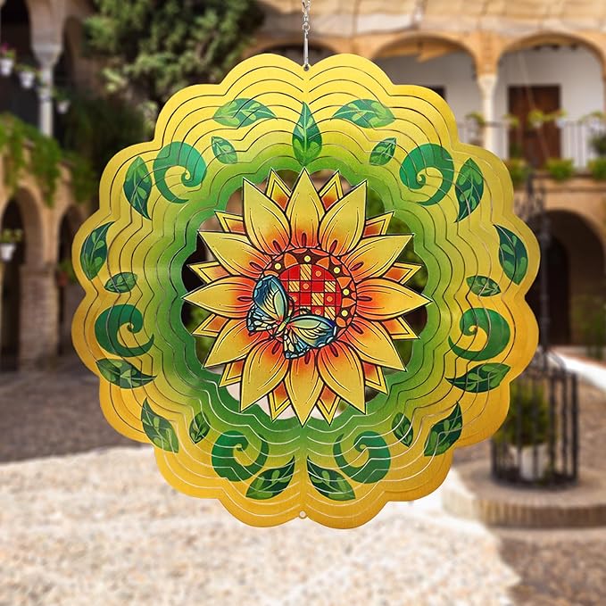 Sunflower Wind Spinners 3D Hanging Wind Spinner Sunflower Ornament Gifts for Women Mom Grandma,12inch Metal Wind Kinetic Sculpture for Outdoor&Indoor Decor, Yard Art, Garden Decoration