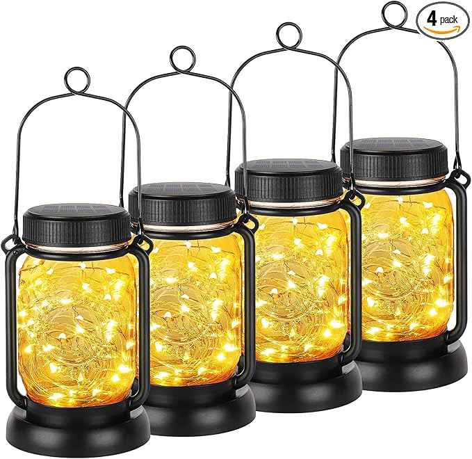 Mlambert 4 Pack Solar Hanging Lantern with Stakes, Outdoor Waterproof Solar Mason Jar Fairy String Lights Decorative Vintage Glass Lamp-Warm White
