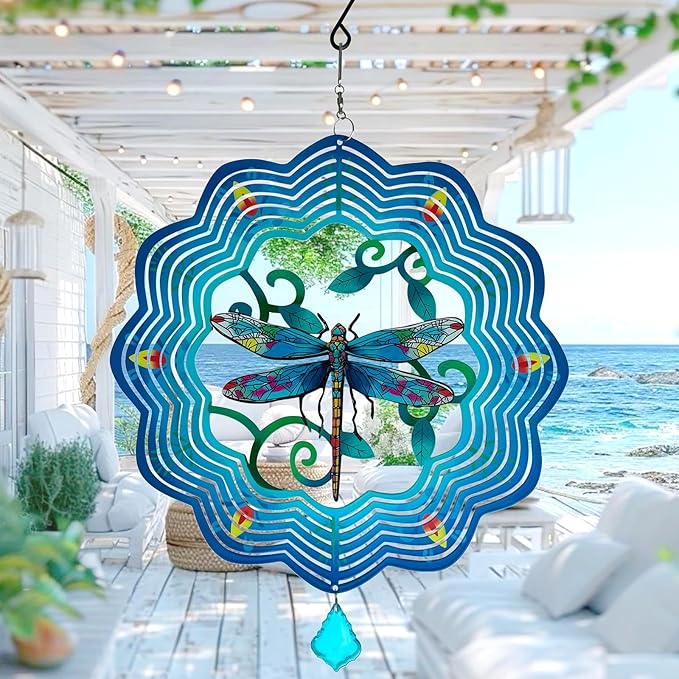 Dragonfly Metal Wind Spinners - 12 Inch Hanging Metal Wind Spinner for Outdoor & Indoor Decor, Dragonfly Kinetic Sculpture for Christmas Ornament Gifts, Yard Art and Garden Decorations