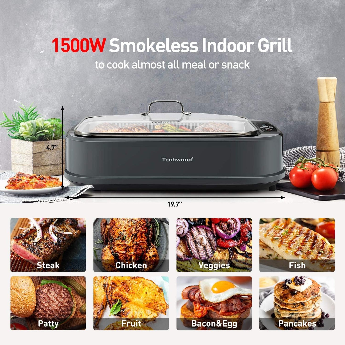 Indoor Smokeless Grill, Techwood 1500W Electric BBQ Grill with Temperature Control, Korean Grill Removable Grill & Griddle Plates, Tempered Glass Lid