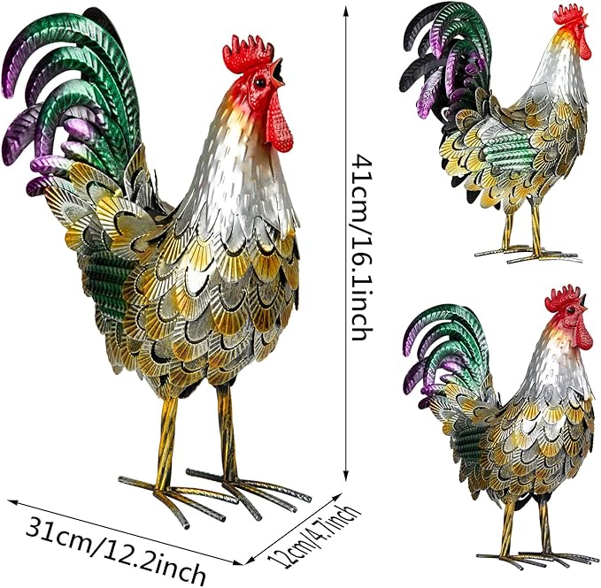 XONOR Metal Rooster Statues, Garden Chicken Decorations, Outdoor Chicken Sculpture, Metal Yard Rooster Artwork for Outdoor, Patio, Backyard and Home Kitchen Decoration (1pc, Vintage Golden)