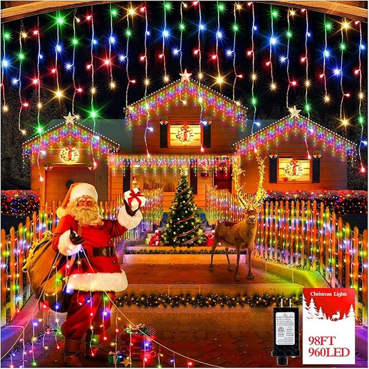 960 LED 98FT Christmas Lights Plug in 8 Modes with Timer Dimmable Christmas Decorations Outdoor Waterproof Indoor Curtain String Lights for Roof Garden Holiday Wedding Party Decor Multi Colored