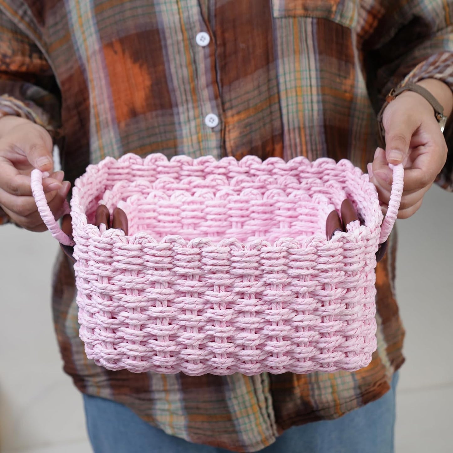 Small baskets for Organizing,Cute woven Storage basket with recycled paper rope for Shelves Bathroom,Little decorative basket,Set of 3 (Pink)