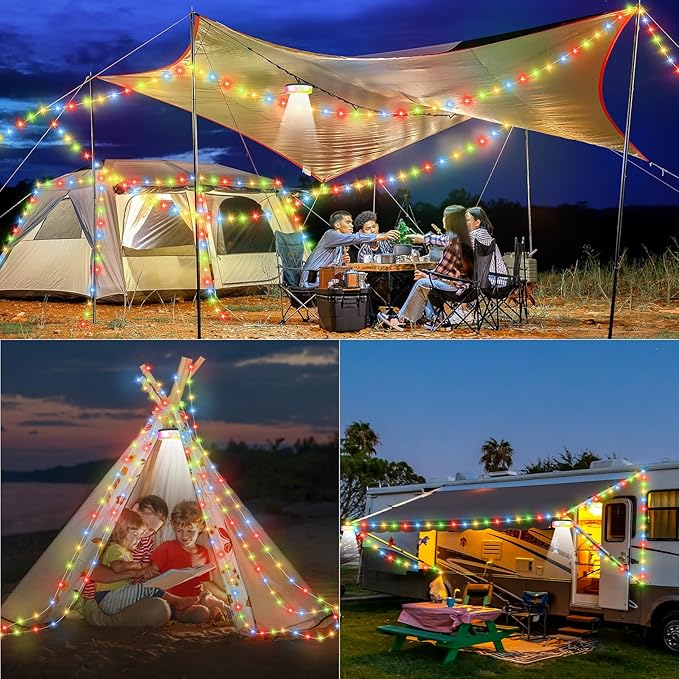Camping String Lights, 4 in 1 Quick Storage 32.8FT Rechargeable Tent Lights with 6 Modes Hanging Waterproof Camp Lamp Camping Essentials for AwnTent Hiking Garden Bedroom Festival (Warm White)-2Pack