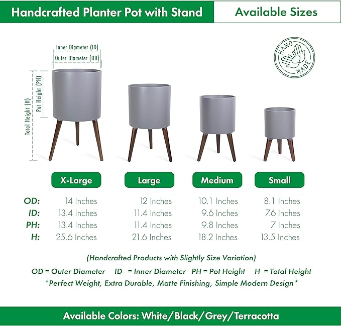 D'vine Dev 10 Inch Planter Pot with Stand, Mid-Century Tall Plant Pot with Legs for Indoor Plants, Medium, Grey, 88-O-B-3