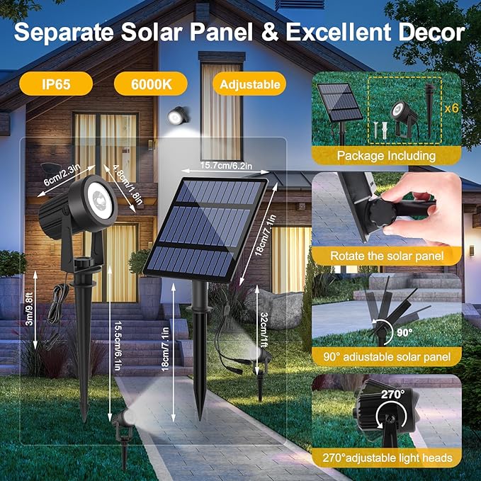 T-SUNUS Solar Garden Spotlight Outdoor 6-in-1, White Landscape Spot Lights IP65 Waterproof, 5W Separated Panel, Dusk to Dawn 6000K Spotlights for Tree Patio Yard Driveway Pathway Pool Porch Walkway
