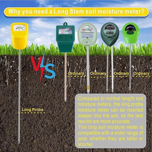Soil Moisture Meter Long Stem Deep Use, Plant Hygrometer, Water Monitor Tester, for Garden, Flower pots, Lawn, 2 Pack