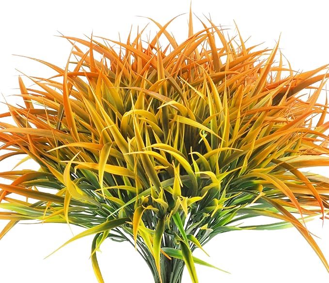 Ouddy Decor 16 Bundles Artificial Fall Plants Outdoor Fake Grass Stems UV Resistant Faux Plastic Plants Shrubs for Autumn Home Garden Pathway Farmhouse Front Porch Harvest Thanksgiving Decor, Orange
