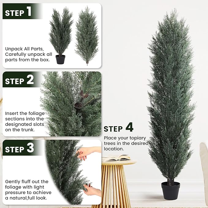 THE BLOOM TIMES 6ft Tall Topiary Trees Artificial Outdoor – UV Resistant Faux Cedar Pine Cypress Bushes and Shrubs, Fake Potted Plants for Front Porch Outside Planter Patio Decor, Set of 2 (6 Foot)