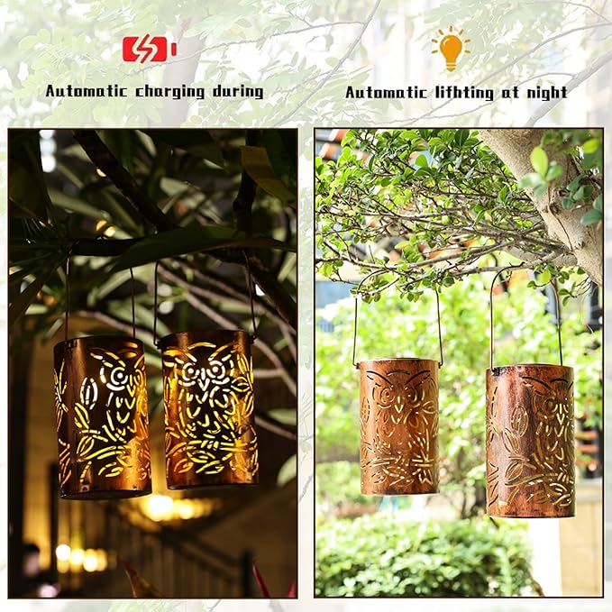 Outdoor Solar Lanterns ,Owls Projection Patterned Outdoor Lanterns with Handles LED Solar Light Outdoor Waterproof Garden Lights for Garden，Yard, Table, Pathway(2 /Bronze)