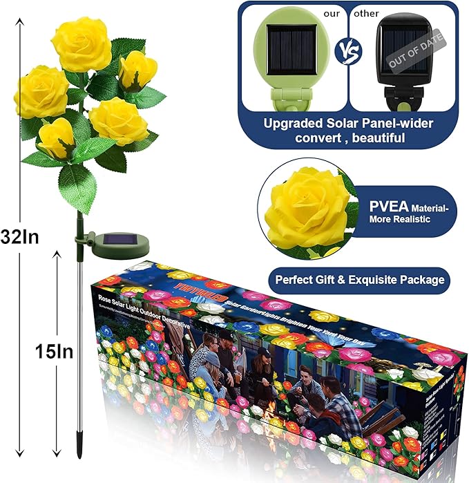 Solar Flower Lights Outdoor - Upgraded New Material Two Modes Realistic LED Solar Powered Waterproof Lights with 5 Roses, Solar Decorative Stake Lights for Garden (Yellow, 1 Pack)