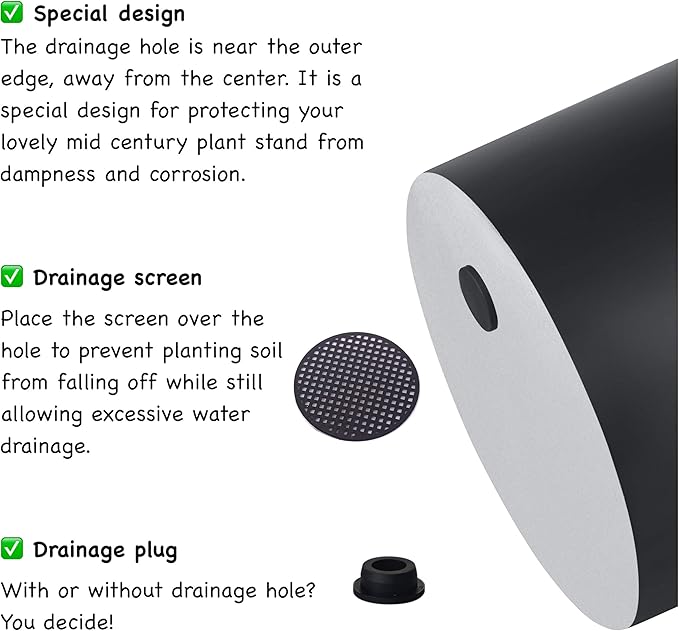 FaithLand Plant Pot 10 inch - Perfectly Fits Mid-Century Modern Plant Stand - Drainage Plug and Drainage Mesh Screen - Matte Black Planter