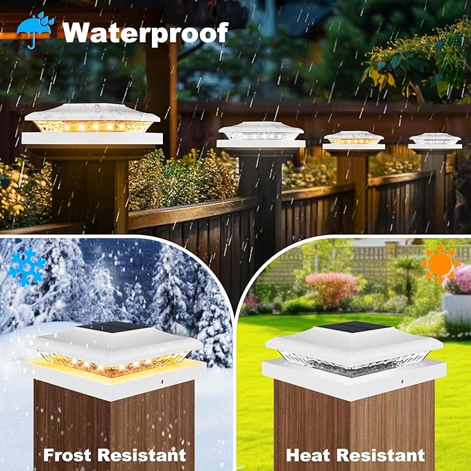 6 Pack Solar Post Cap Light Outdoor Fence Cap Lights 24 LEDs 2 Color Modes for Wooden/Vinyl Post, Waterproof Deck Patio Decoration Fits 5x5, 5.5x5.5 or 6x6 Wooden Posts (3000k/6000k)