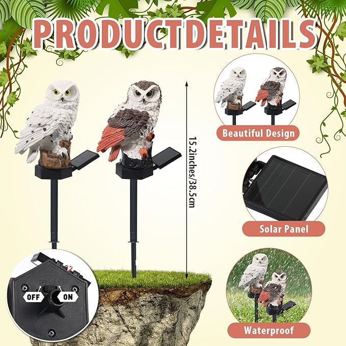 Capoda 2 Pieces Owl Garden Decorations Resin Owl Figurine Solar Light Stake Waterproof Animal Light Outdoor Decorations for Patio Yard Lawn Porch Pathway Decoration