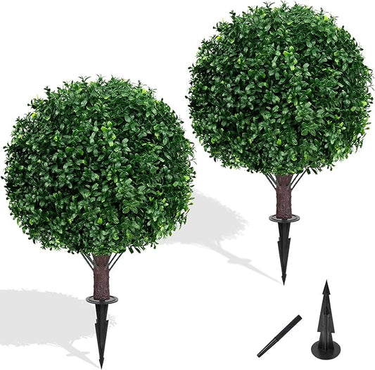 Artificial Boxwood Topiary Ball Tree Set of 2, UV Resistant Artificial Outdoor Shrubs with Spike, Decorative Evergreen Fake Topiary Bushes Plant for Front Porch Garden