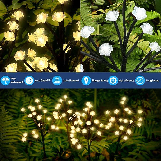 Solar Garden Lights Decorative, Solar Outdoor Lights Waterproof 4Pack,80Led Rose Solar Flower Lights Garden Decor, Solar Lights for Outside Yard,Lawn,Garden Decorations Gardening Gifts
