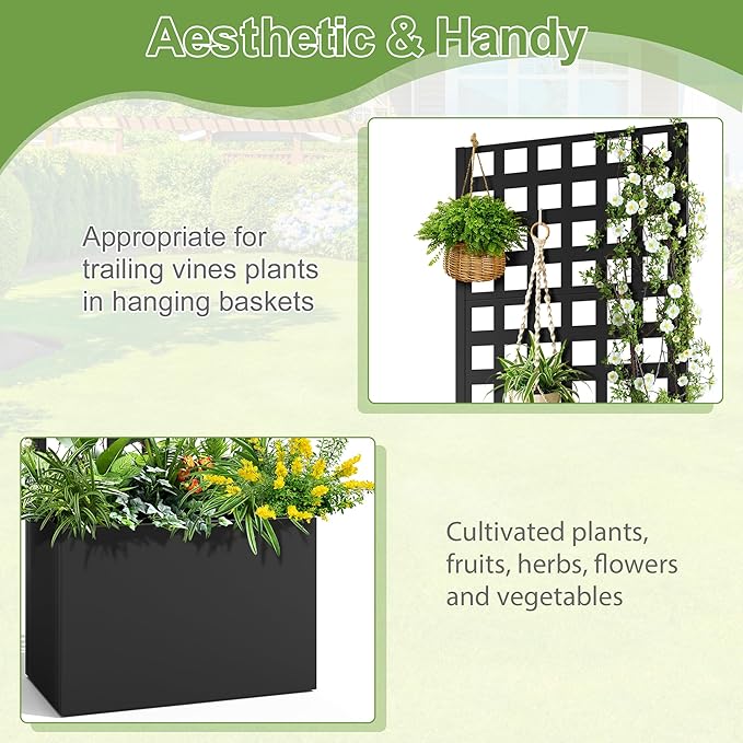 Metal Raised Garden Bed, Trellis Planters Bed with Drainage Holes for Climbing Plants, Vegetables Outdoor Privacy Screen with Planter Box 63"x24"x12", Black