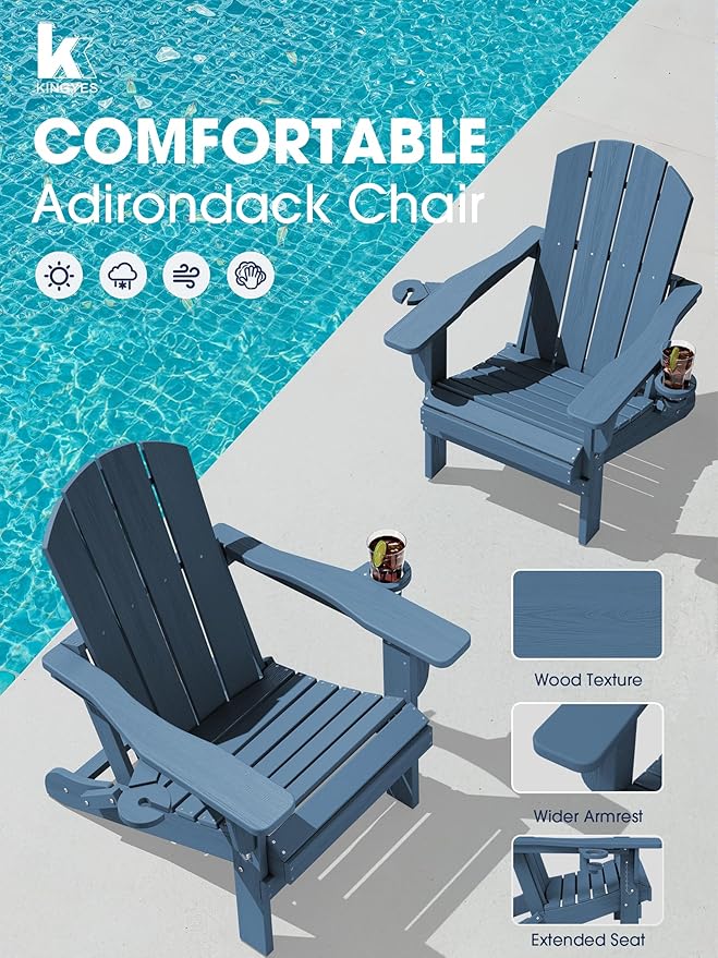 KINGYES Folding Adirondack Chair Set of 6, Dual Cup Holders & All-Weather HDPE, Wood-Like Patio Chair for Backyard, Camping,Pool & Fire Pit, Navy
