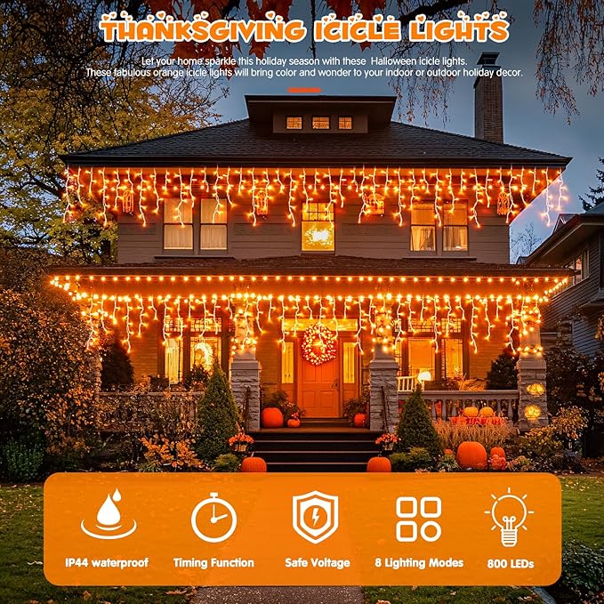 JMEXSUSS 800 LED Thanksgiving Icicle Lights for Outside, Orange Icicle Lights Outdoor with Remote, Thanksgiving String Lights Indoor Plug in for Fireplace Indoor House Roof Thanksgiving Decor