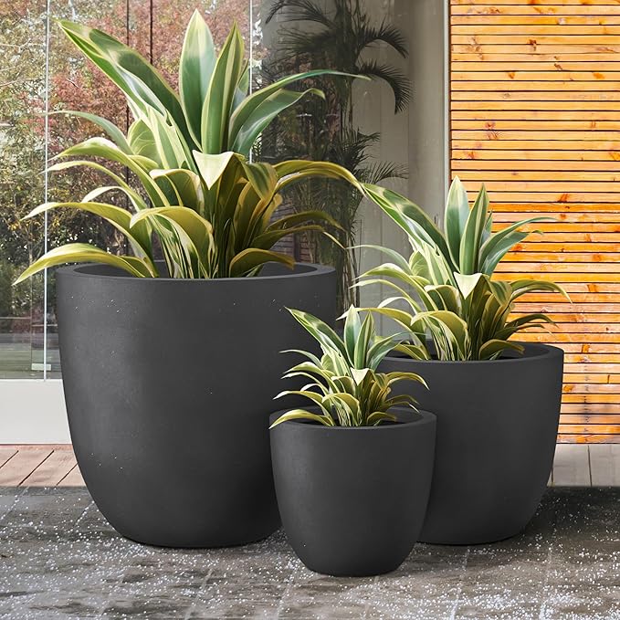 Kante 18",14",10" Dia Concrete Round Planters (Set of 3), Outdoor Indoor Large Planter Pots with Drainage Hole and Rubber Plug for Home Patio Garden, Black