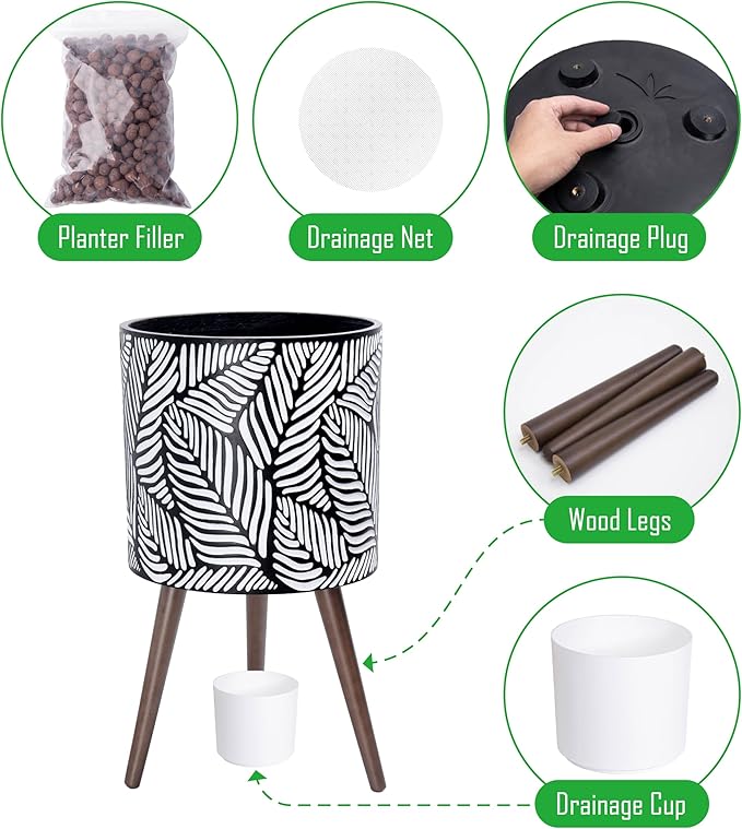 D'vine Dev 14 Inch Planter Pot with Stand, Mid-Century Tall Plant Pot with Legs for Indoor Plants, X-Large, White/Grey, 88-L-D-7