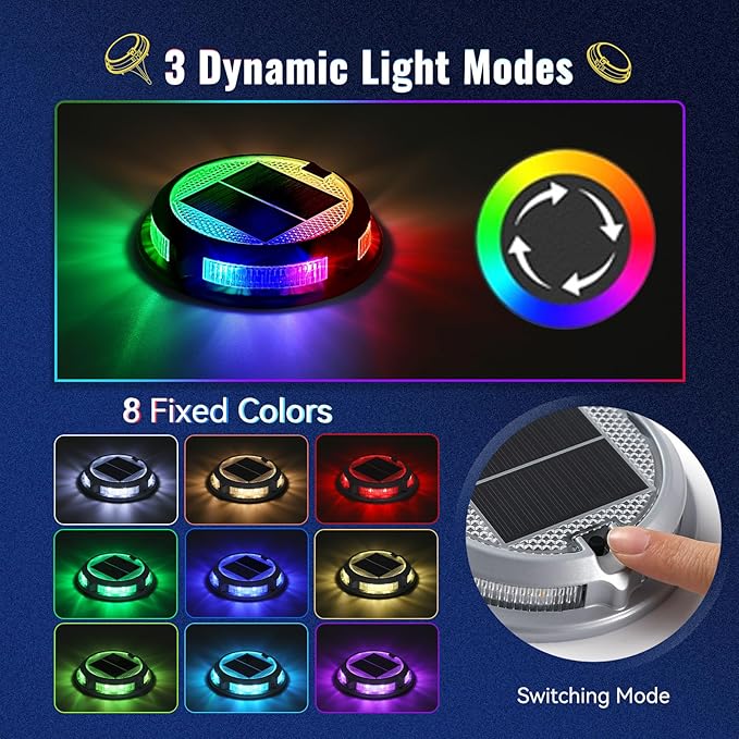 Solar Driveway Lights Outdoor 4 Pack, RGB Colors Solar Deck Dock Lights Outdoor Waterproof IP68, 3 Dynamic Light Modes, Driveway Marker for Warning Stair, Boat Dock, Step, Walkway, Patio Decor