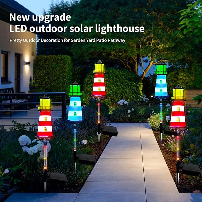 Solar Lights Outdoor Waterproof, Lighthouse Lights 4 Packs 7 Light Color Changes Suitable for Outdoor Gardens, Walkway Light Lawn, Flower Bed Solar Garden, Patio Decoration,