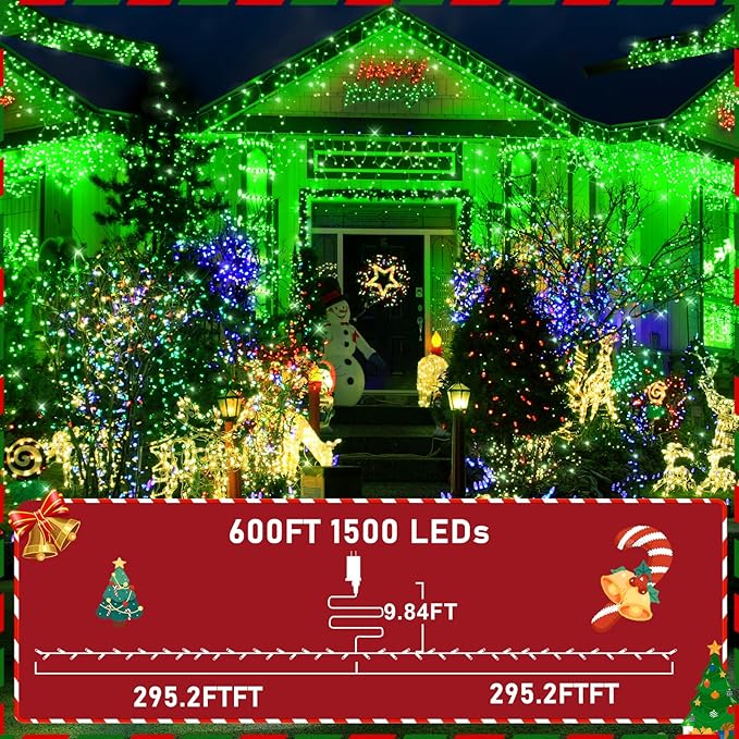 KNONEW 600ft 1500 LED String Lights Outdoor Christmas Lights 8 Modes & Timer Fairy Light Plug in Waterproof LED String Lights for Xmas Yard Tree Wedding Party Holiday Decorations (Green)
