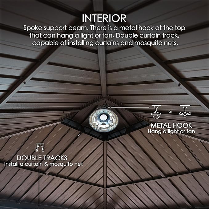 Kozyard Alexander 12' X 12' Hardtop Gazebo, Aluminum Metal Gazebo with Galvanized Steel Double Roof Canopy, Curtain and Netting for Patio Backyard Deck Lawn Brown