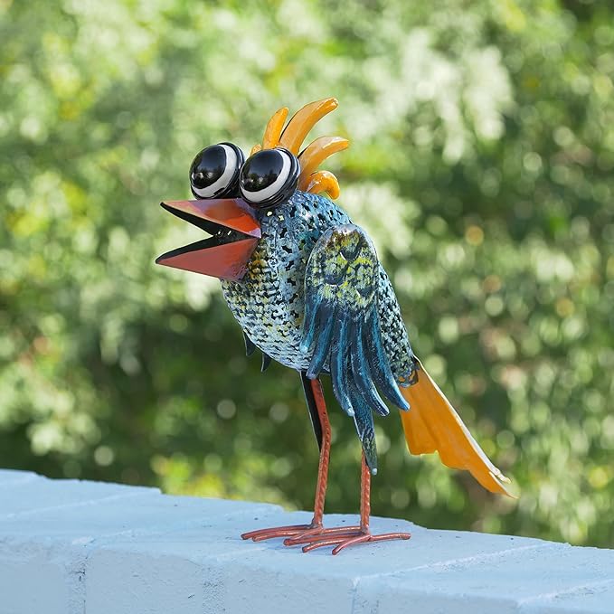 Alpine Corporation 11" Tall Outdoor Metal Wide-Eyed Bird Standing Yard Statue Decoration, Multicolor