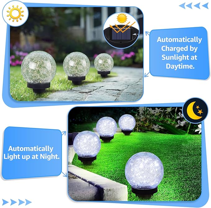 2-Pack Garden Solar Lights Outdoor, Cracked Glass Ball Light Waterproof, Decorative Solar Powered Globe Lighting Cool White for Yard Pathway