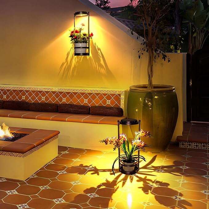 Solar Yard Wall Light with Plant Stands, Wireless Outdoor Solar Wall Lamp with 2 Modes & IP45 Waterproof Dusk to Dawn LED Outdoor Solar Lights for Garden Patio Yard Decoration (1Pack)