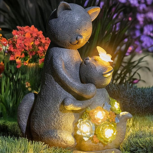 Solar Garden Statues Loving Cat Figurine Lights for Outside, Yard Decorations Outdoor, Garden Christmas Decor Unique Birthday Housewarming Gifts for Mom, Women