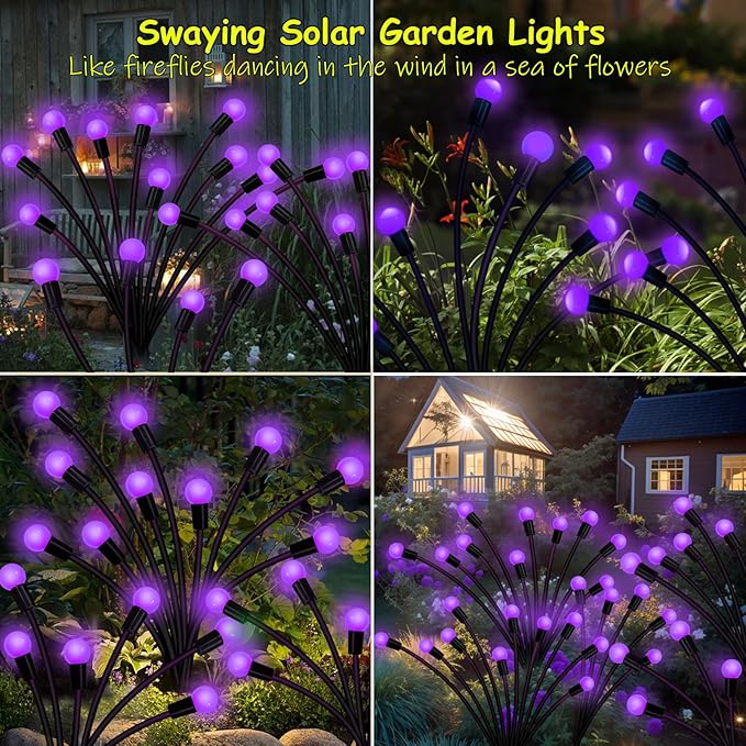 Kohlrabi Solar Garden Lights Outdoor, 6 Pack 60 LED Solar Purple Firefly Lights Waterproof, Sway by Wind, Solar Swaying Light for Yard Patio Backyard Garden Planter Flower Bed Pathway Decoration
