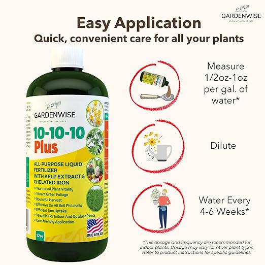 10-10-10 Fertilizer for All Purpose Plants - Liquid Fertilizer with Seaweed Kelp & Iron - Plant Food Outdoor & Indoor Plant Food, Vegetables, Flowers, Lawn & Garden 10 10 10 Fertilizer 32oz