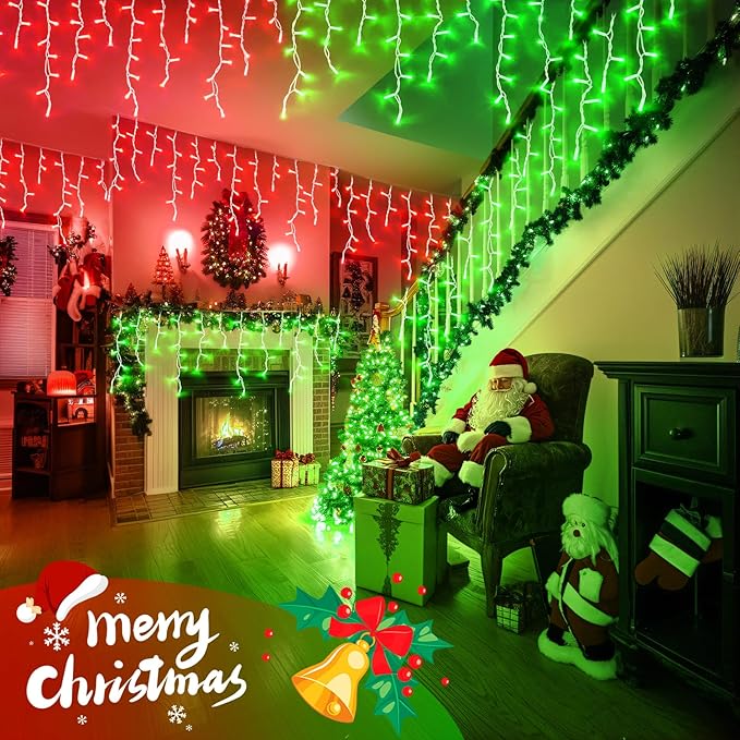 JMEXSUSS 400 LED Christmas Icicle Lights Outdoor, Red & Green Halloween Icicle Lights Clear Wire,Connectable String Lights Plug in for Christmas Party Outdoor Eaves Home Xmas Decorations
