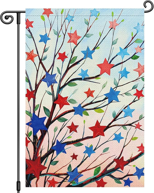 Louise Maelys 4th of July Garden Flag Patriotic Five-pointed Stras Tree Independence Day 12x18 Inch Welcome Double Sided Stars and Stripes Small Burlap Yard Sign Outside Outdoor House Decor